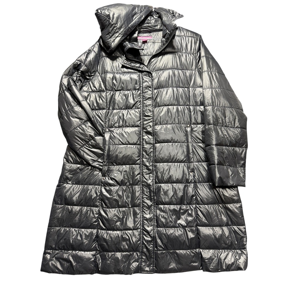 Woman Within Puffer Coat Women L 18/20 Black Removable Hood Long Quilted